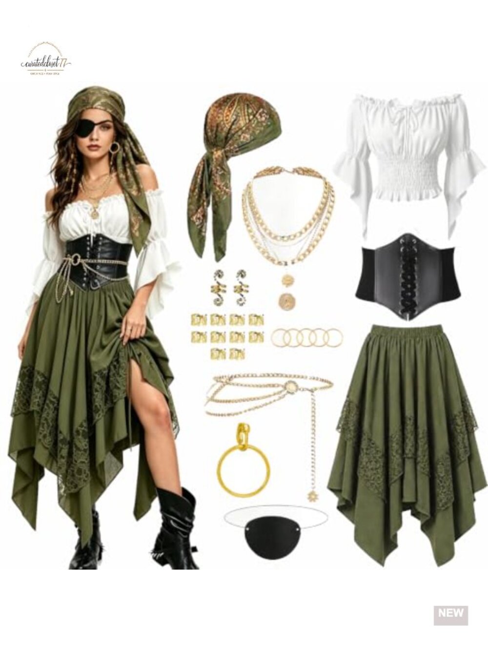 Pirate Costume Women Off-Shoulder Blouse Corset Skirt Halloween Cosplay